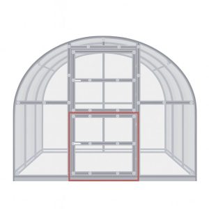 Bakdør nederst på drivhuset ARCHED KLASSISK (105 x 94 cm), markert med rød firkant.
